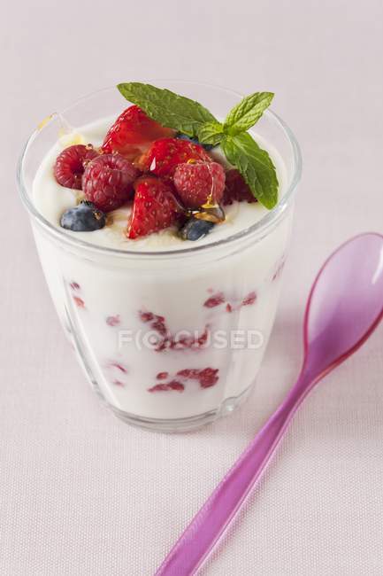 Yoghurt with berries and honey — Stock Photo