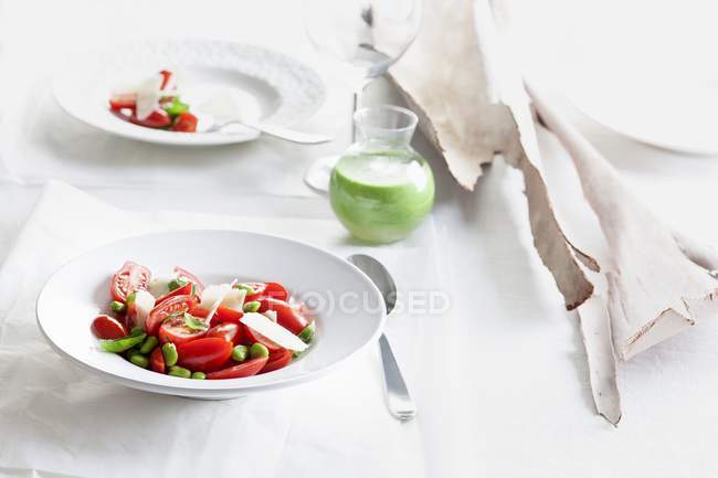 Томатные салаты с фасолью и зеленым коктейлем — стоковое фото