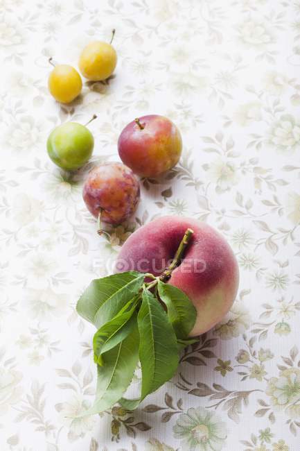 Greengages with plums and peach — Stock Photo