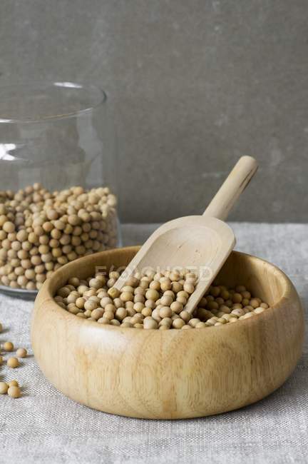 Soya beans in wooden bowl — Stock Photo