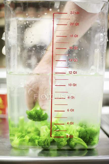 Broccoli florets in iced water in large jug — Stock Photo