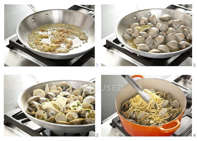 Steps for making clam scampi — Stock Photo
