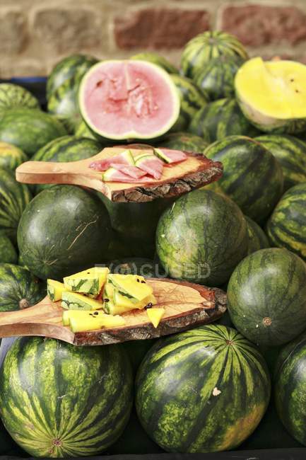 Watermelon and melon at marketplace — Stock Photo