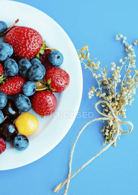 Summer berries on white plate — Stock Photo