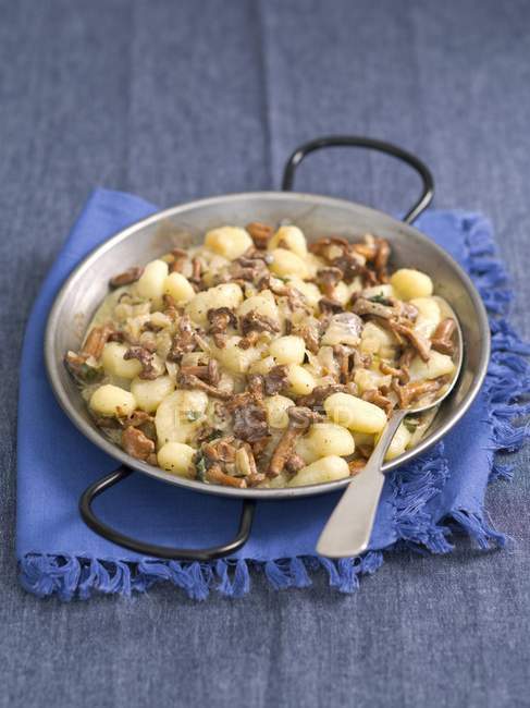 Gnocchi with chanterelle mushroom sauce with spoon in metal dish — Stock Photo