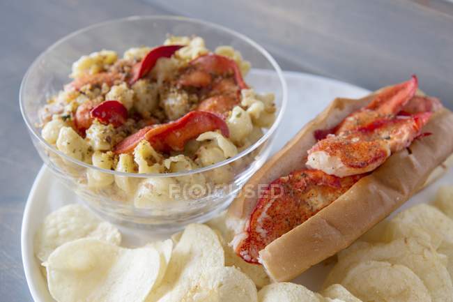 Grilled lobster on macaroni and cheese — Stock Photo