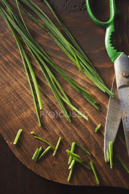 Cebolinha fresca e tesoura de cozinha — Fotografia de Stock