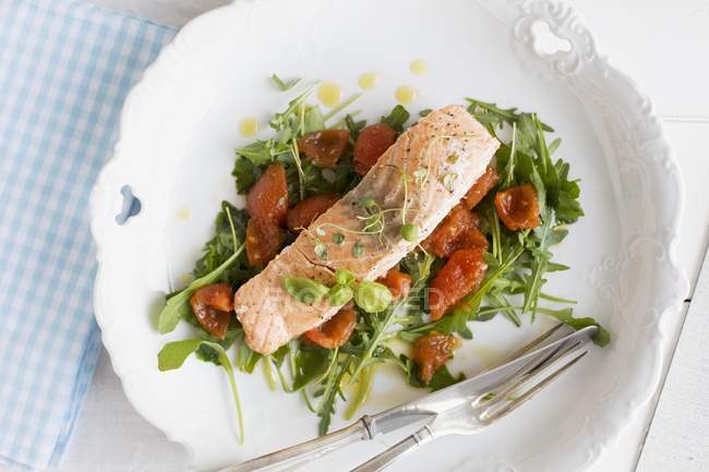 Steamed salmon on bed of rocket — Stock Photo