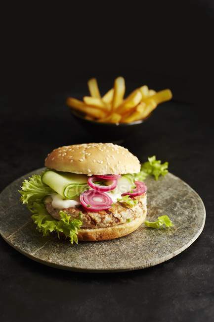 Chicken burger and potato fries — Stock Photo