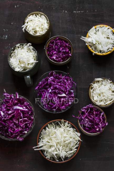Bowls of sliced red and white cabbage — Stock Photo