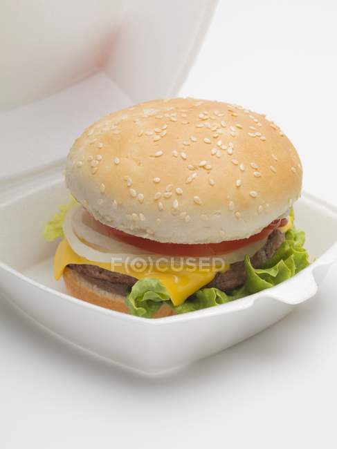 Hamburguesa con queso en caja de embalaje - foto de stock