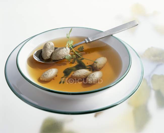 Тарелка оленины Consomme с олениной пельмени — стоковое фото