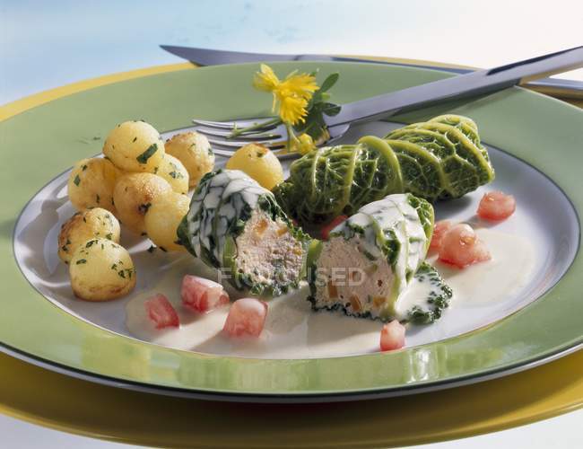 Савойские листья капусты с начинкой из рыбы, картофель, соус белого вина на зеленой тарелке с вилкой — стоковое фото