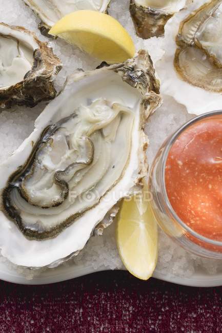 Oysters with lemon and tomato dip — Stock Photo