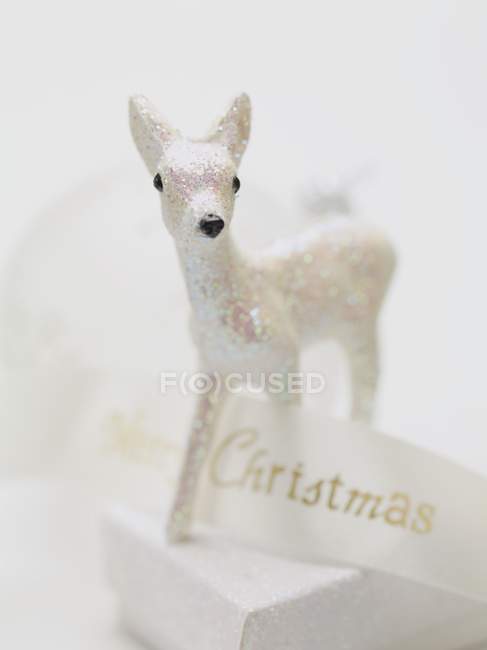 Christmas decorative deer on box with ribbon — Stock Photo