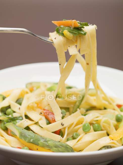 Ribbon tagliatelle pasta with vegetables — Stock Photo