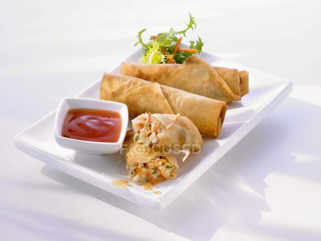 Closeup view of Spring rolls with chilli dip and salad — Stock Photo