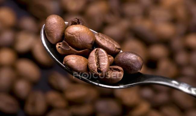 Kaffeebohnen auf Löffel — Stockfoto