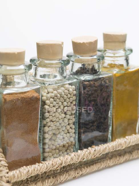 Closeup view of nutmeg white peppercorns, cloves and turmeric in spice rack — Stock Photo