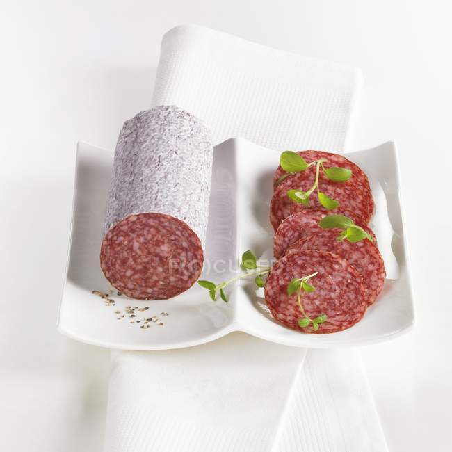 Piece of salami and slices — Stock Photo
