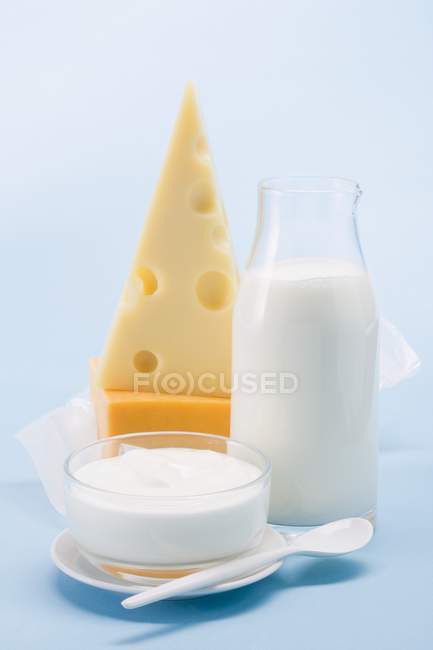 Emmental, Cheddar, iogurte — Fotografia de Stock