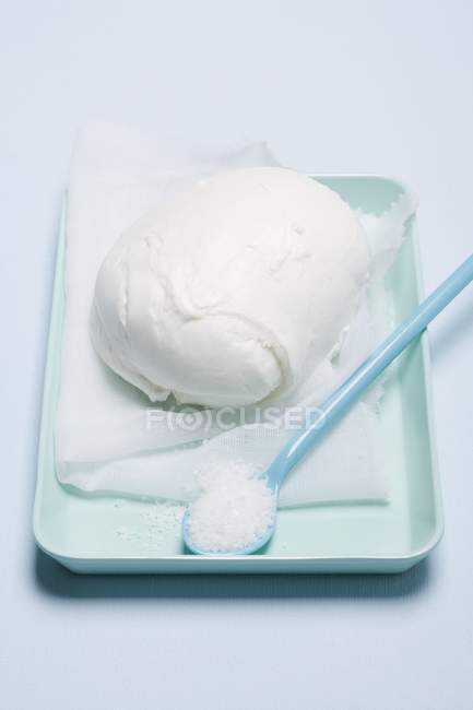 Mozzarella cheese ball and spoonful of salt — Stock Photo