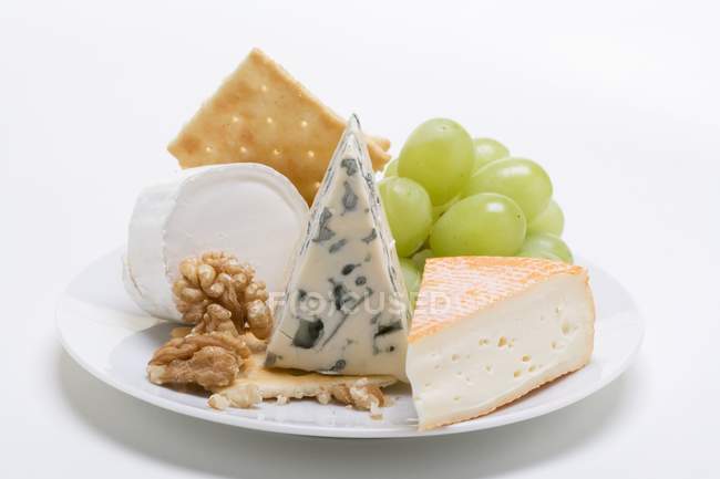 Cheese plate with crackers — Stock Photo