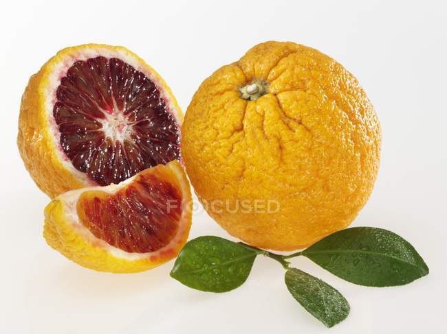 Naranjas de sangre frescas con hojas - foto de stock