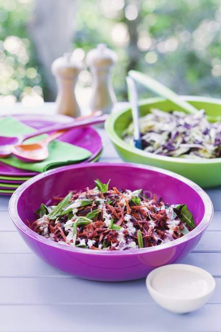 Saladas de couve em tigelas coloridas — Fotografia de Stock