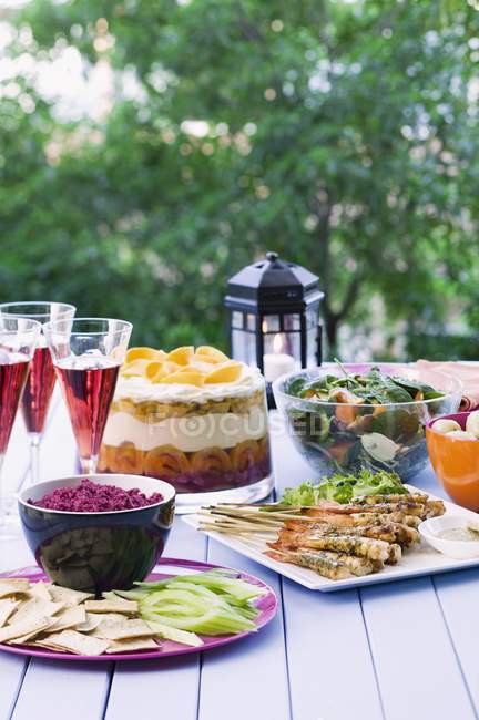 A table in the garden, laid with prawn skewers, beetroot dip, spinach salad and a trifle — Stock Photo