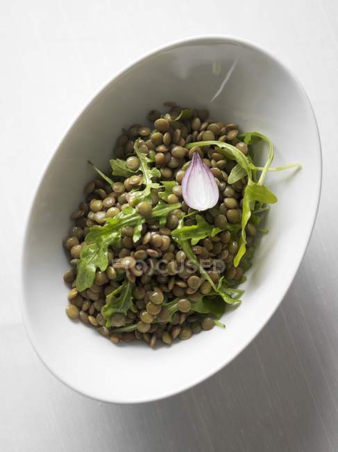 Insalata di lenticchie con rucola su piatto bianco — Foto stock