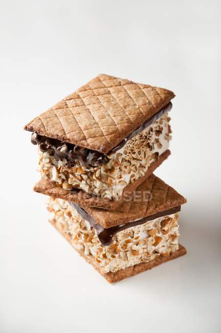 Closeup view of two stacked Smore bars on white surface — Stock Photo