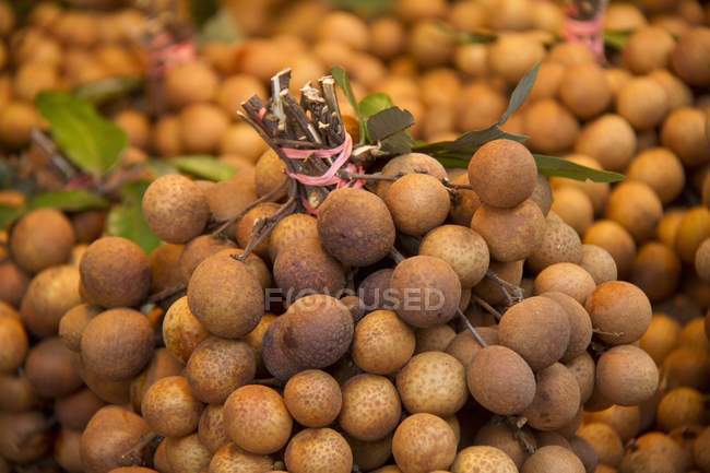 Vista close-up de longan amontoado de frutas com folhas — Fotografia de Stock