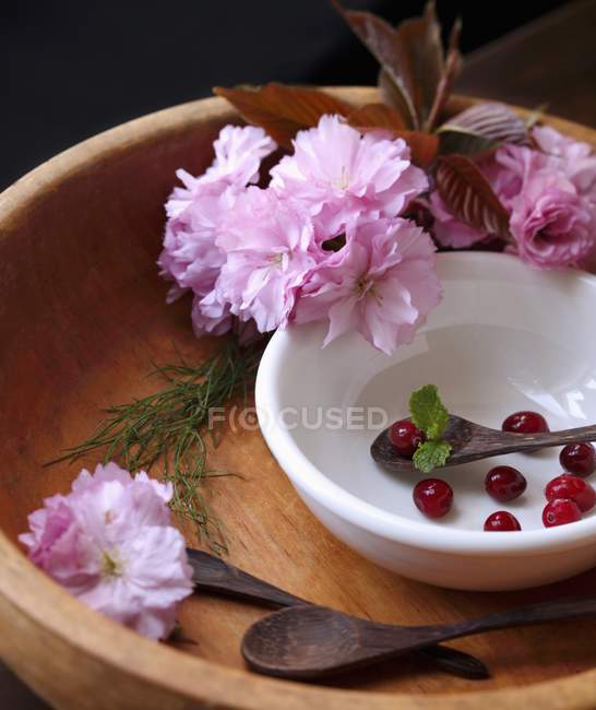 Vue rapprochée des fleurs de cerisier dans un bol en bois avec des canneberges et des cuillères en bois — Photo de stock