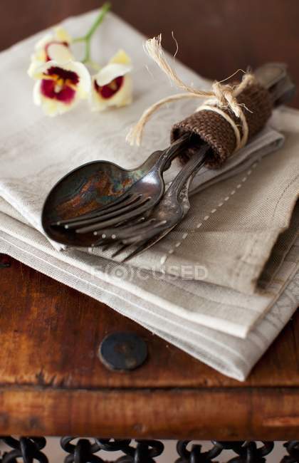 Крупним планом старий срібний посуд в комплекті на серветках — стокове фото