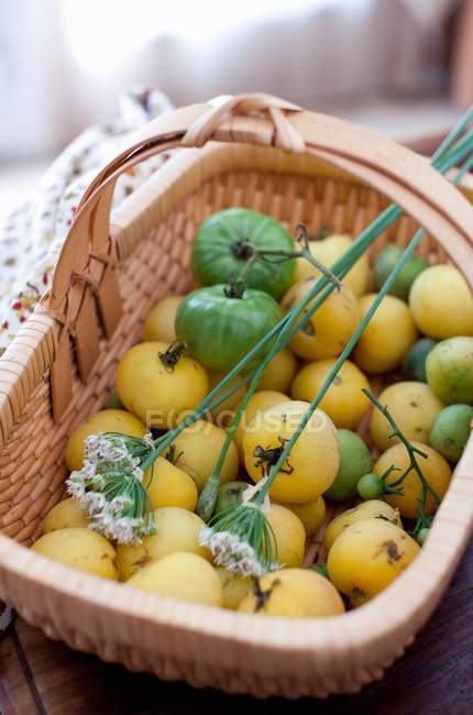 Panier de tomates vertes et jaunes — Photo de stock
