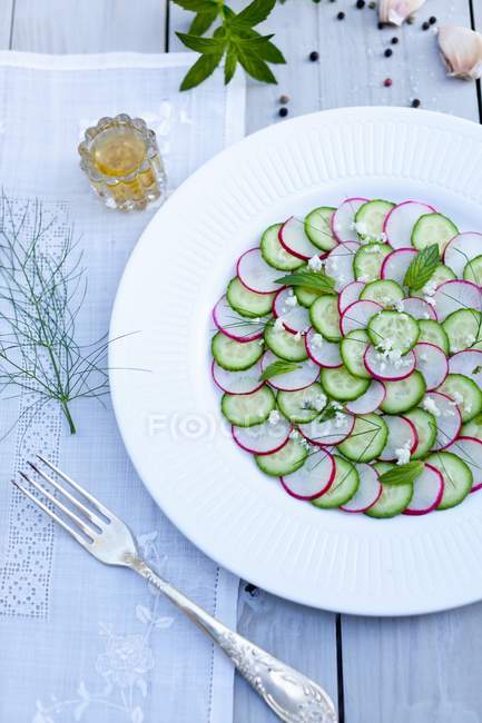 Вид зверху на салат з огірків та редьки з фенхелем та часником на білій тарілці — стокове фото