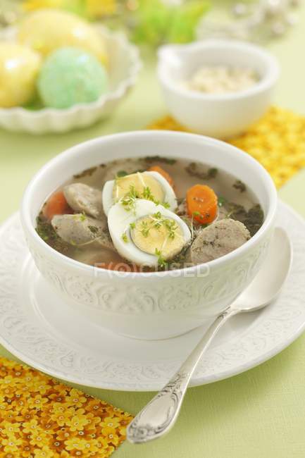 Closeup view of Zurek Polish ryemeal soup with sausage and egg — Stock Photo