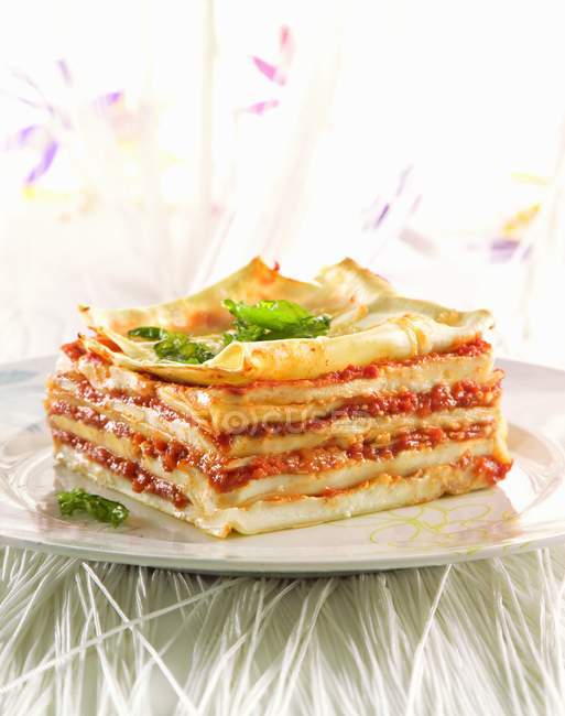 Portion Lasagne mit Tomaten — Stockfoto