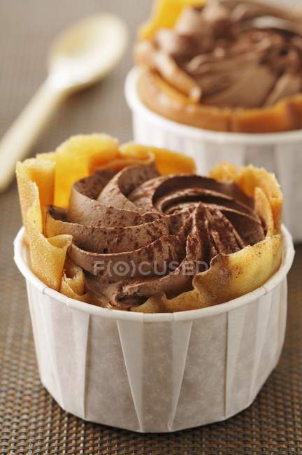Pancake tulip filled with chocolate mousse — Stock Photo