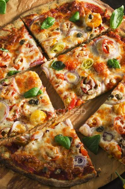 Pizza mit Zwiebeln und Tomaten — Stockfoto
