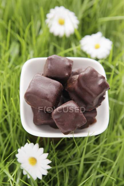 Chocolates preenchidos na grama artificial — Fotografia de Stock