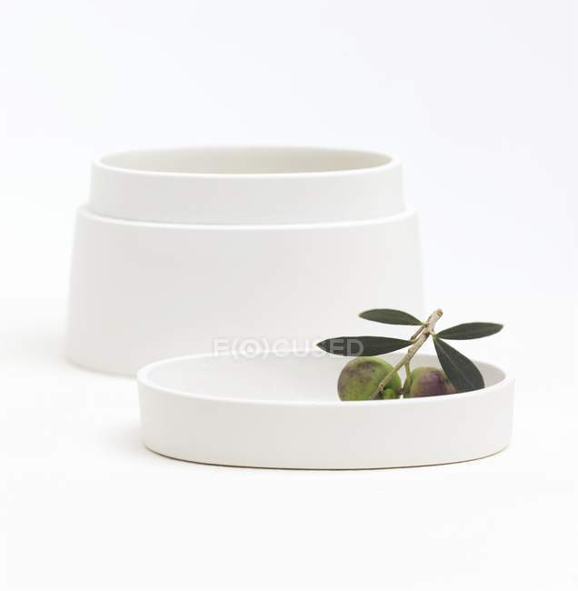 Керамический горшок со свежими оливками — стоковое фото