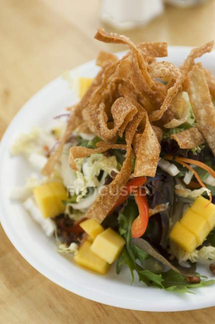 Vista de primer plano de ensalada mixta con mango y tiras de masa frita - foto de stock