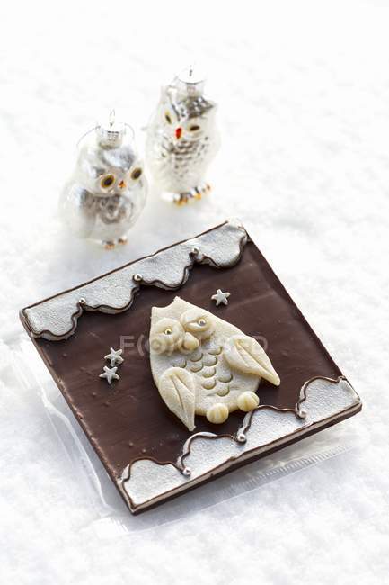 Chocolate decorated with an owl — Stock Photo