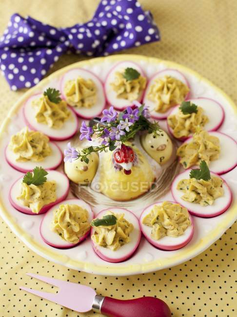 Elevated view of purple deviled eggs on a platter — Stock Photo