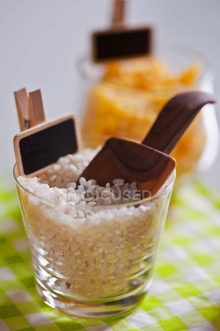Short grain rice in jar with — Stock Photo