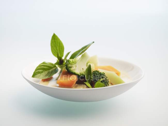 Curry de verduras con albahaca tailandesa en plato blanco - foto de stock