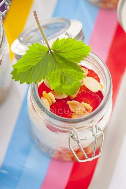 Jar of ingredients for muesli — Stock Photo
