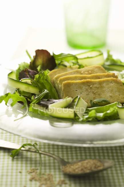 Gebratener Tofu auf einem Salatbett über Teller auf Handtuch — Stockfoto